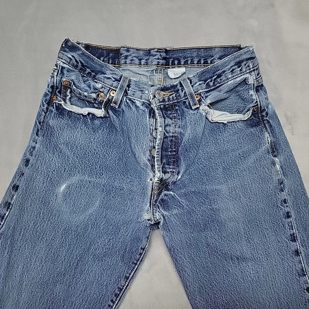 Levi's Jeans Mens 30x34 Faded Blue 501 Button Fly Straight Leg Distressed Denim